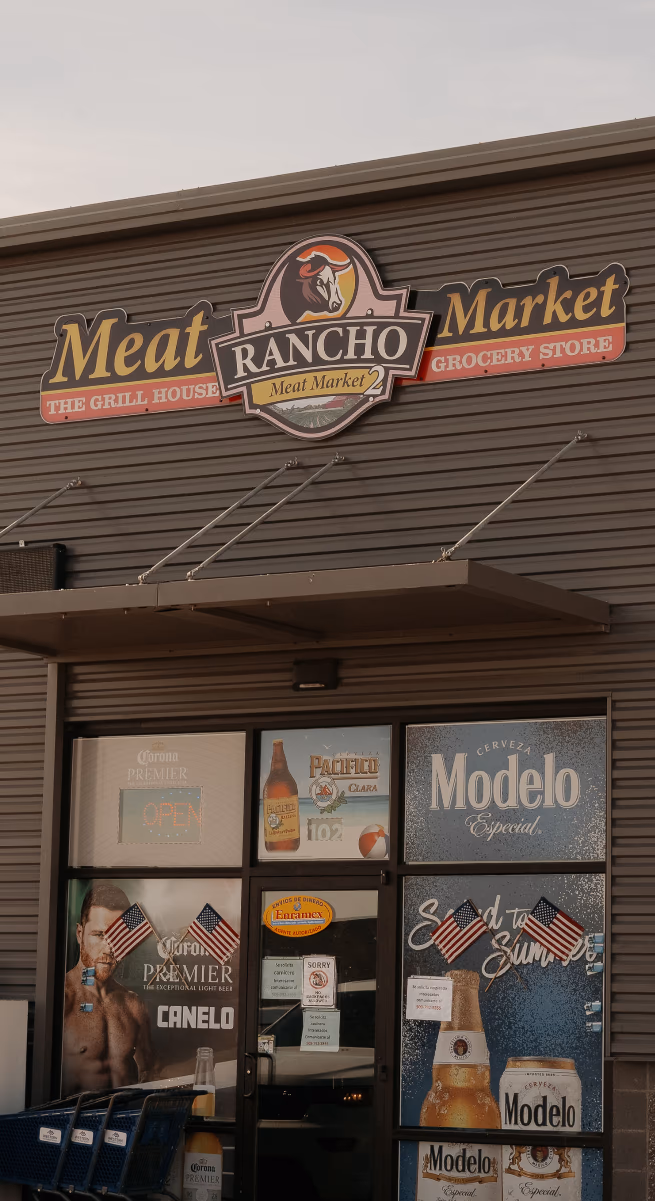 Exterior of Rancho Meat Market in Pasco, Washington local butcher shop that now hires staff faster through Facebook and Instagram.